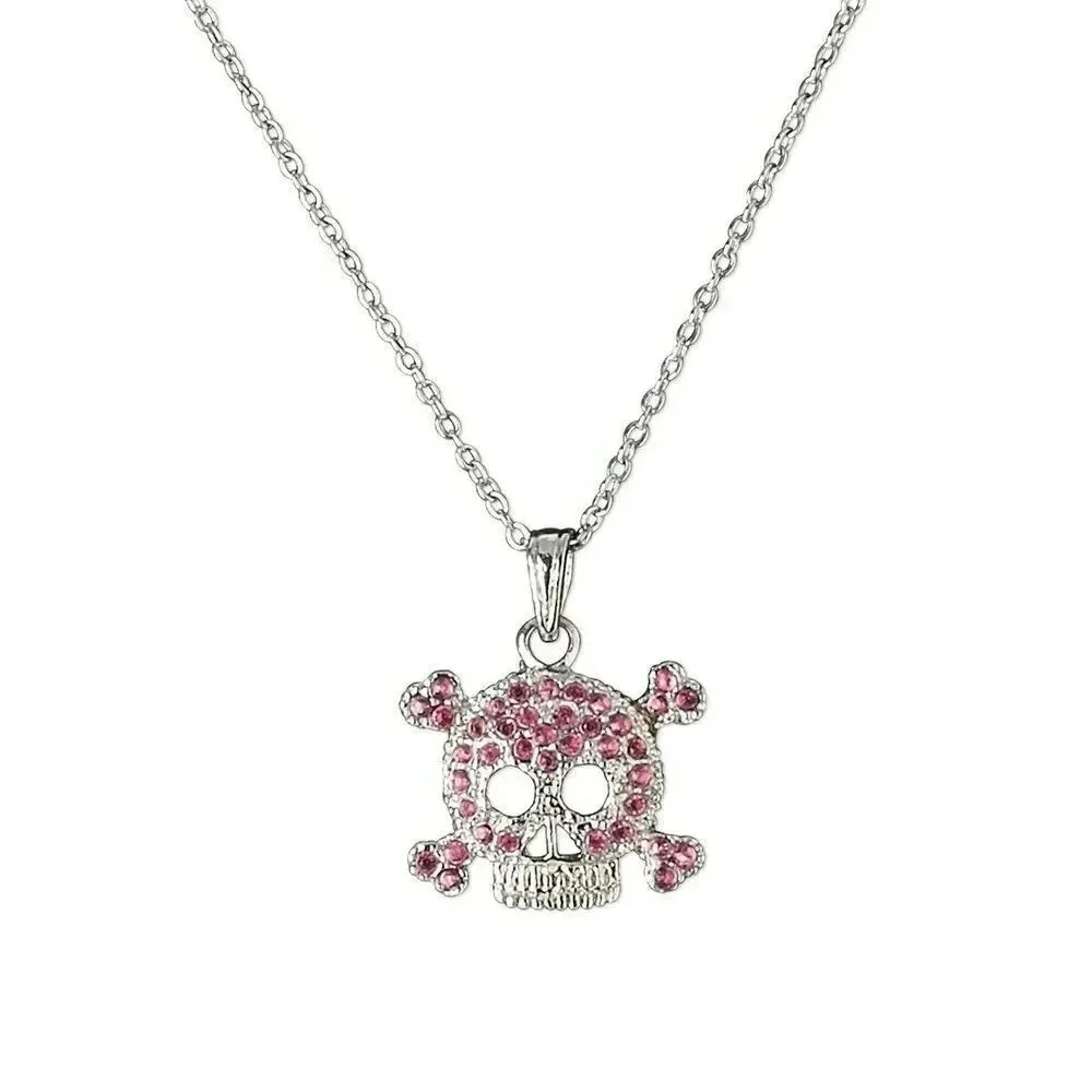 Pink Austrian Crystal Rhinestone Skull Pendant Necklace Silver Plated Chain
